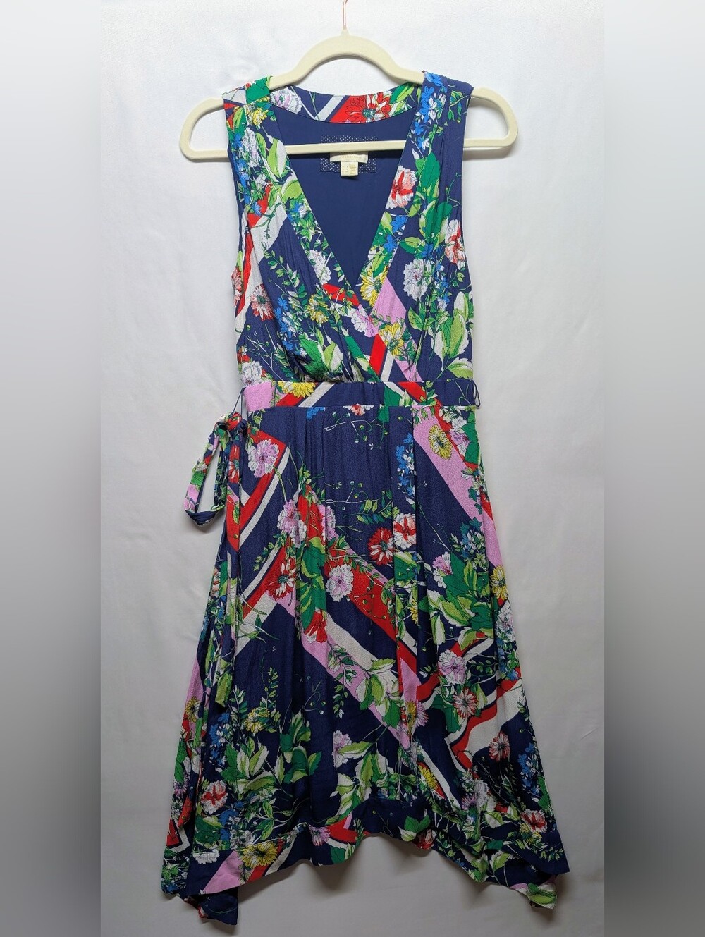 226.Anthropologie Navy‎ Floral Wrap Midi Dress with Green & Pink Accents